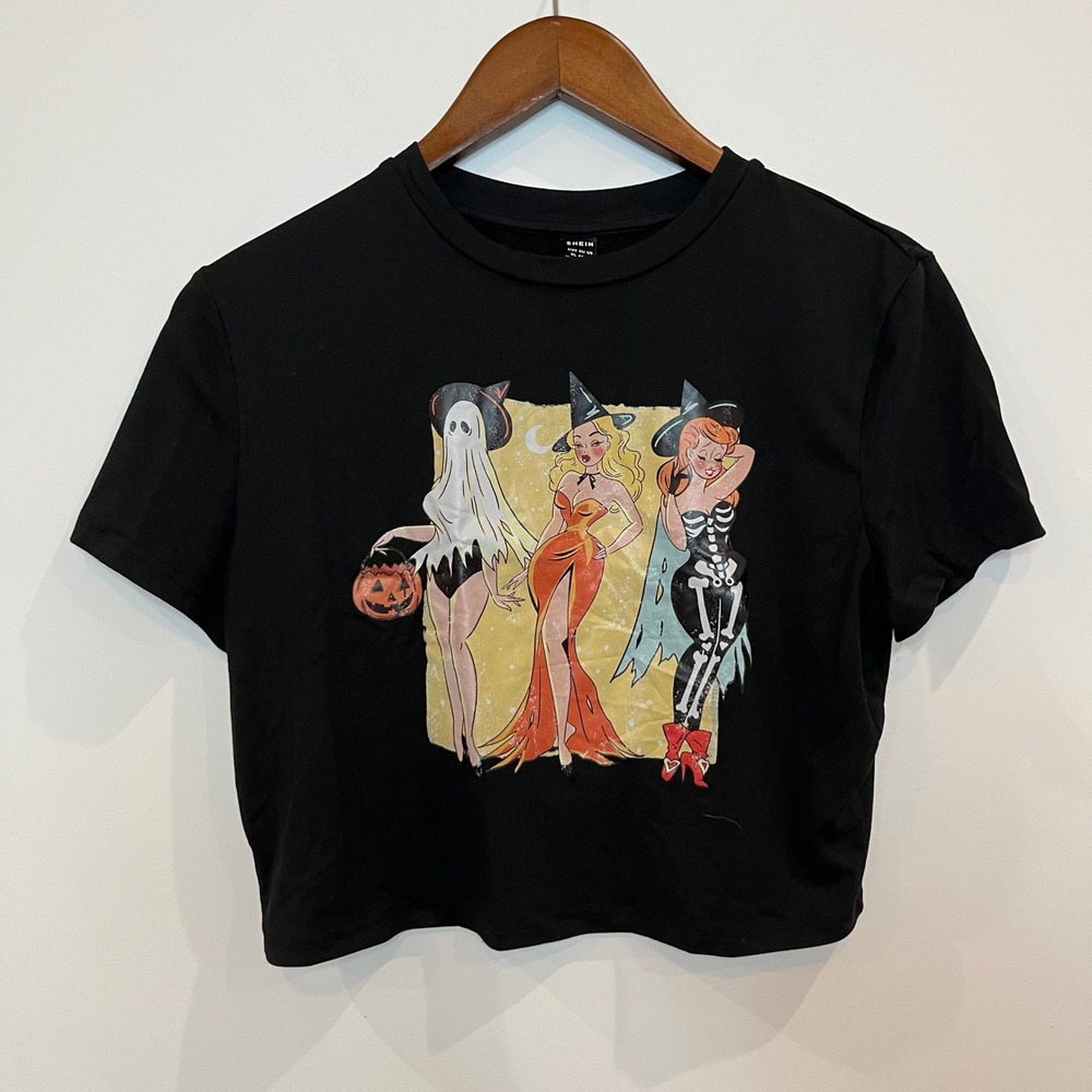 Shein Black Halloween Pin Up Graphic Crop Top XL Ghost Witch Skeleton Tee